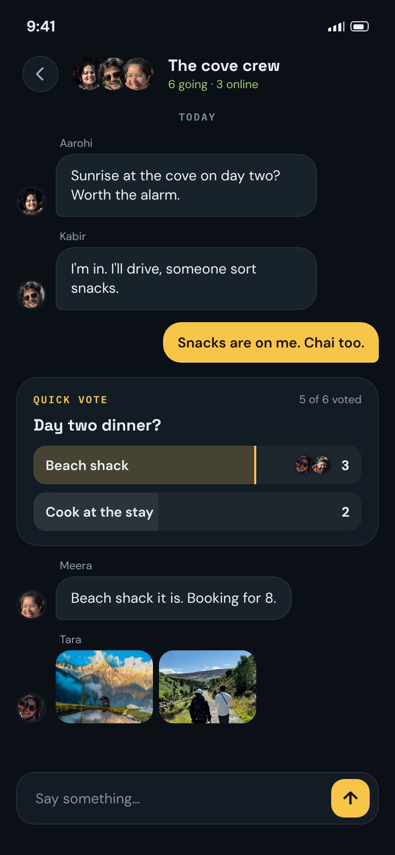 A trip group chat in the WanderAlong app