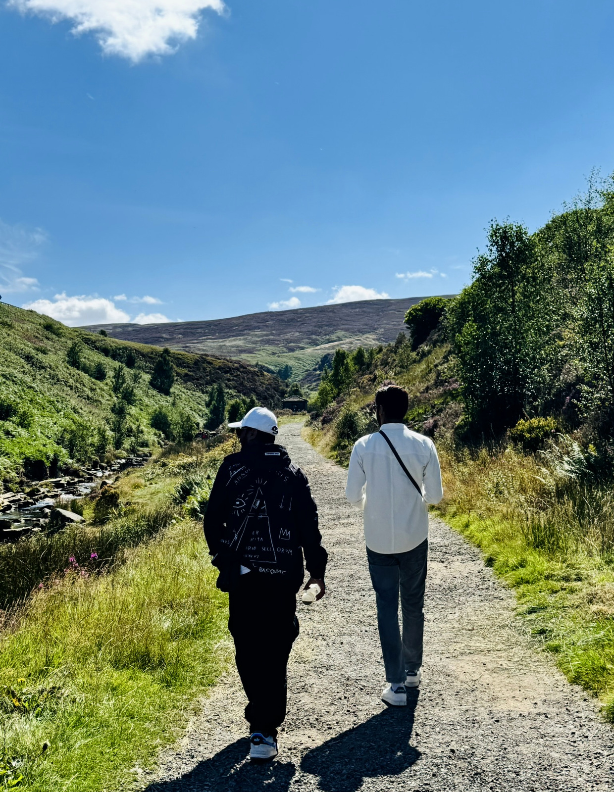 Two friends walking a moorland trail together
